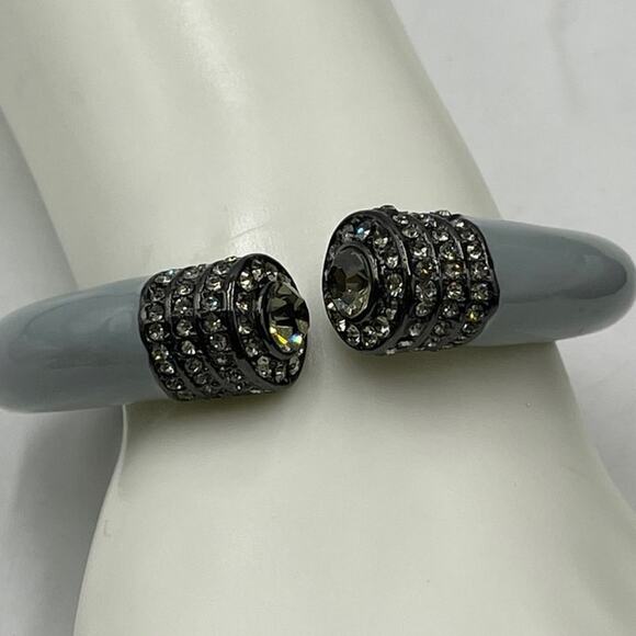 Gunmetal Gray Enamel Pave Smoke Crytsal  Hinged Bangle Cuff - Picture 3 of 9